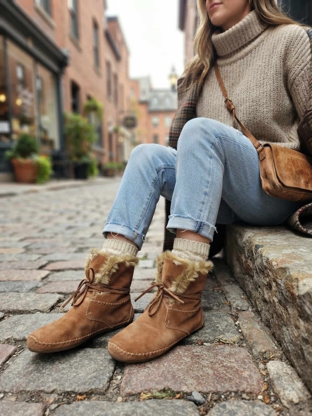 TOMS Zahara Suede Booties Faux Fur Lining Chestnut Boho Fuzzy Moccasins Boots